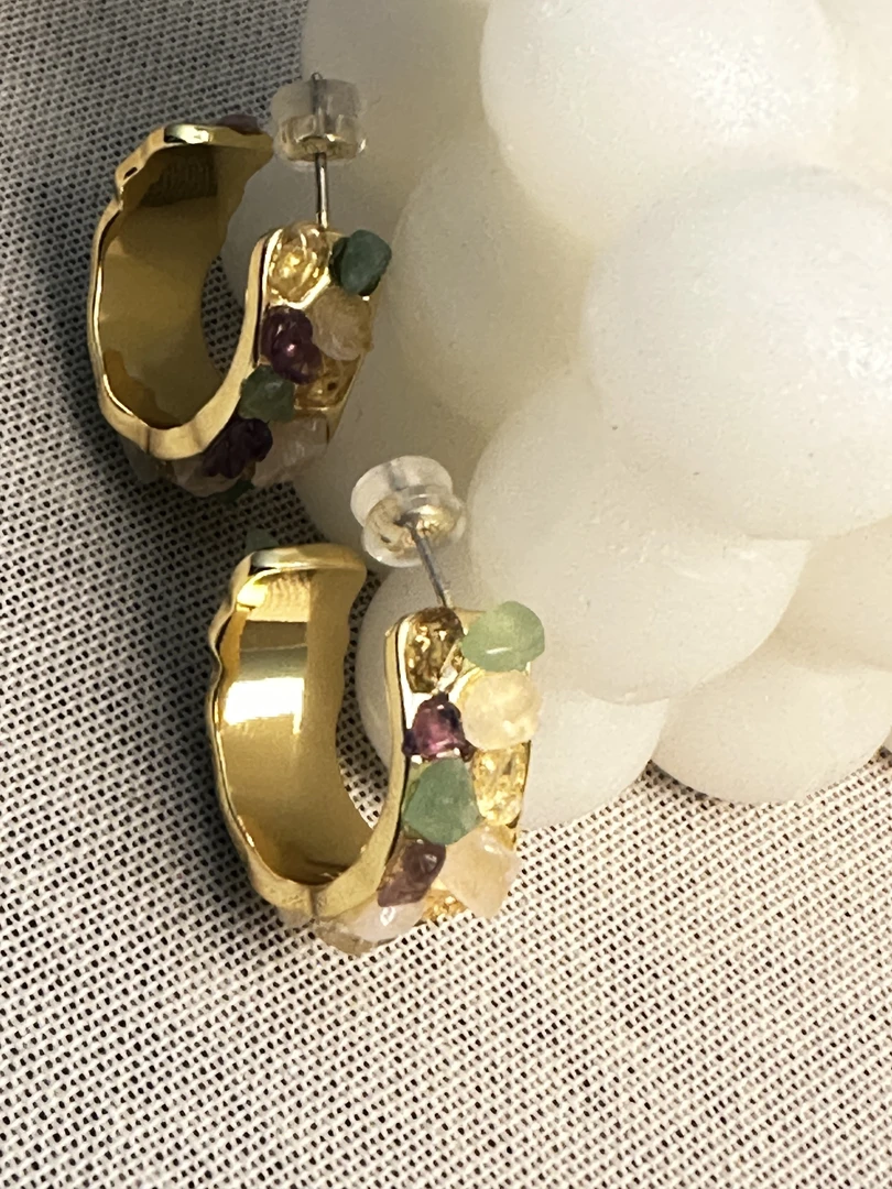 铜合金锆石耳饰 中古镀金各色石头耳圈 E42901