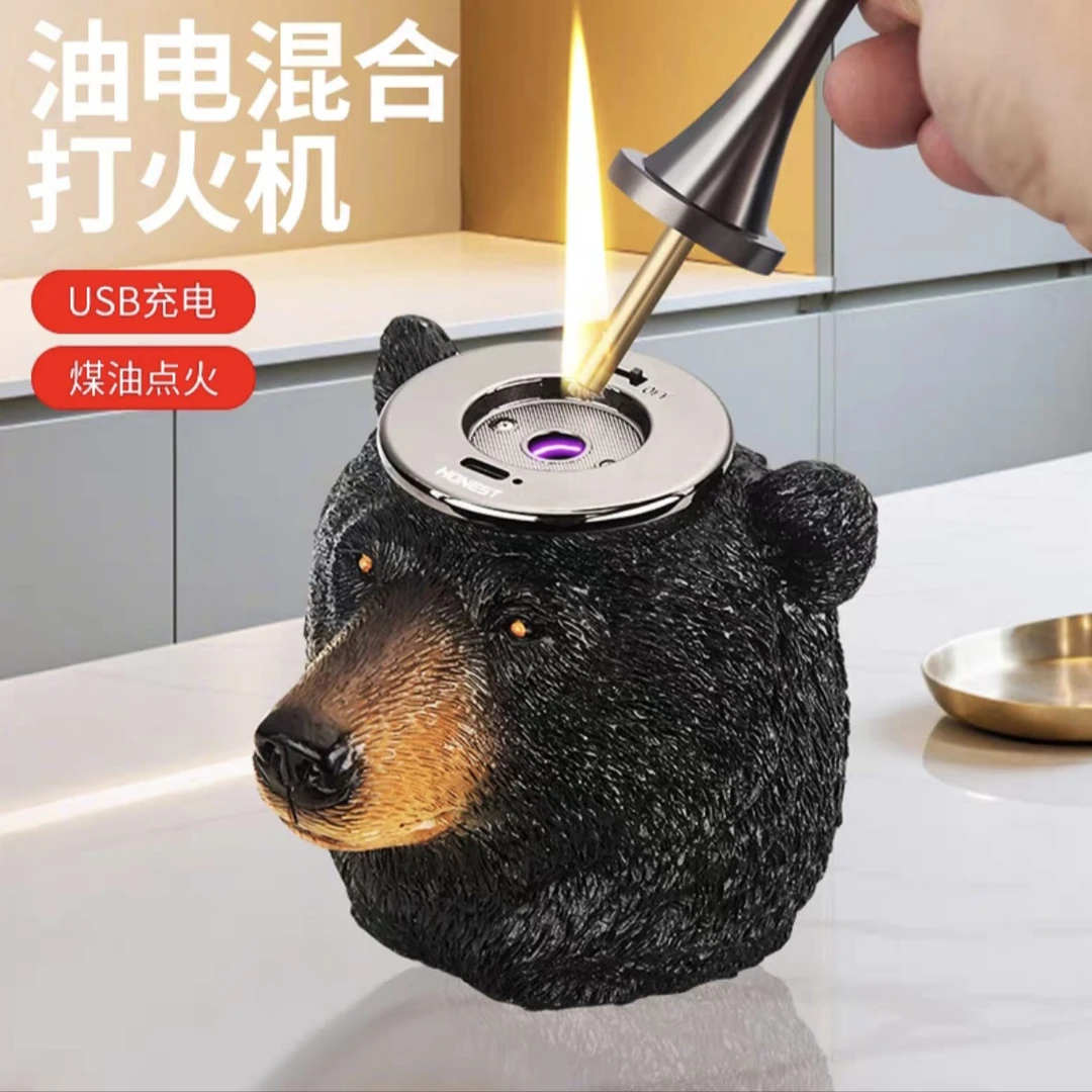 百诚黑熊油电混合打火机树脂材质复古火柴点火油电混合打火机