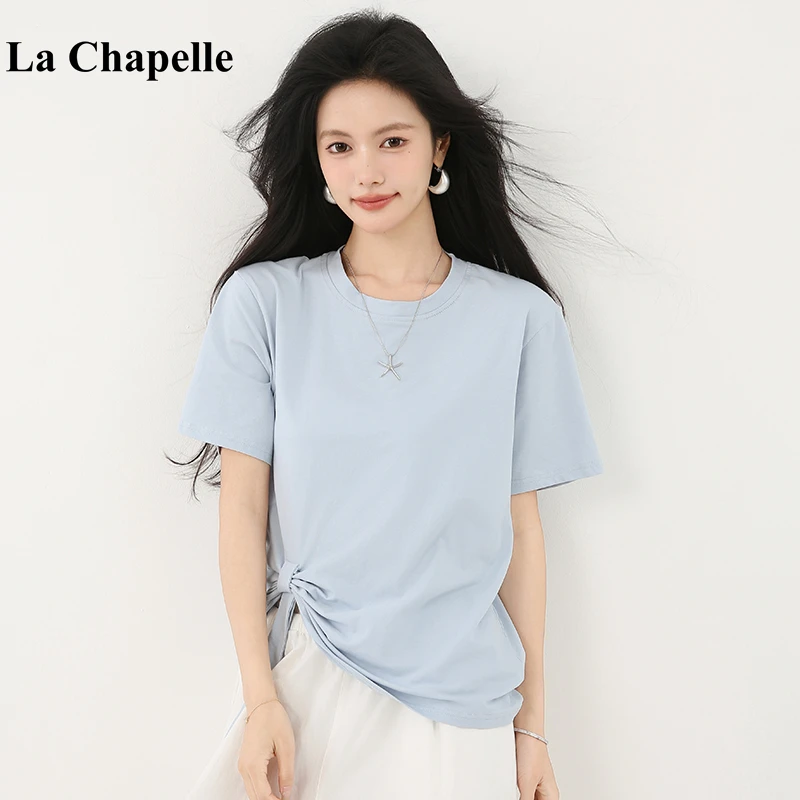 拉夏贝尔设计感抽绳圆领短袖T恤女2025夏新款不规则显瘦减龄上衣
