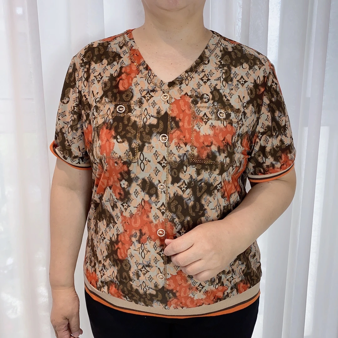 扎染V领薄款气质中老年妈妈装女装高档冰感透气夏季时尚上衣839