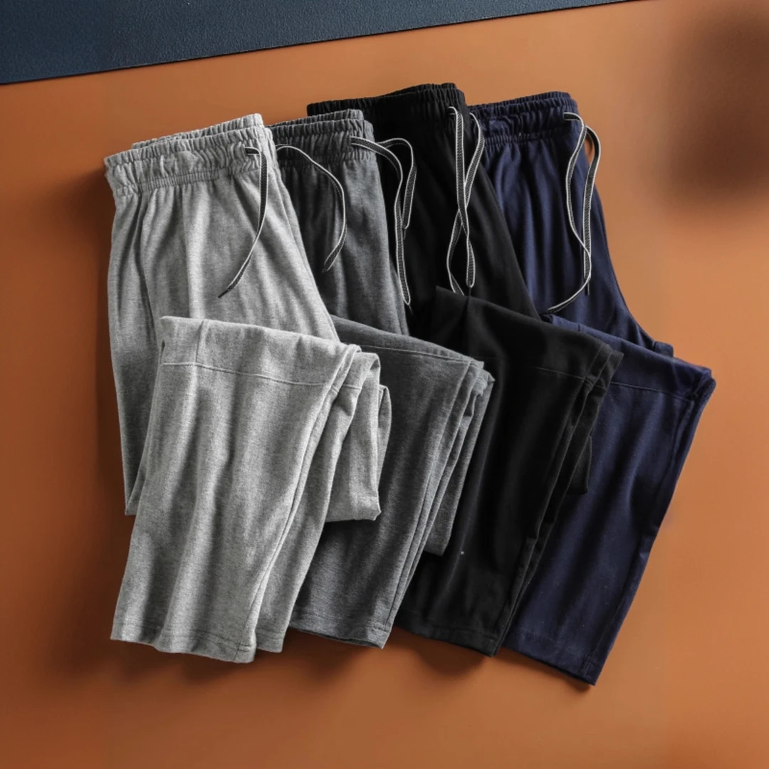 夏季运动裤男薄款全棉直口卫裤纯色简约基础款宽松透气休闲长裤子