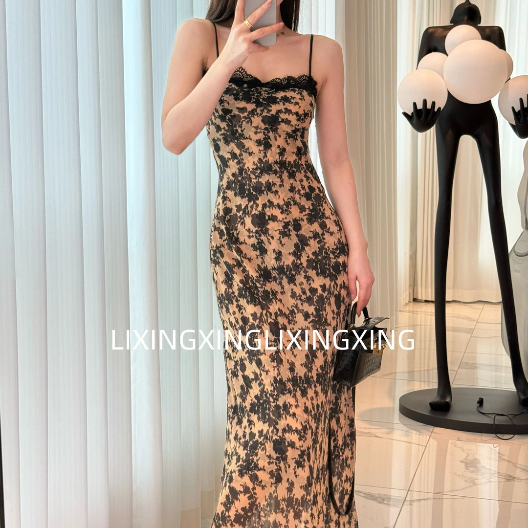 LXX【蕾丝边碎花吊带裙】显瘦气质时尚性感夏季复古法式印花收腰