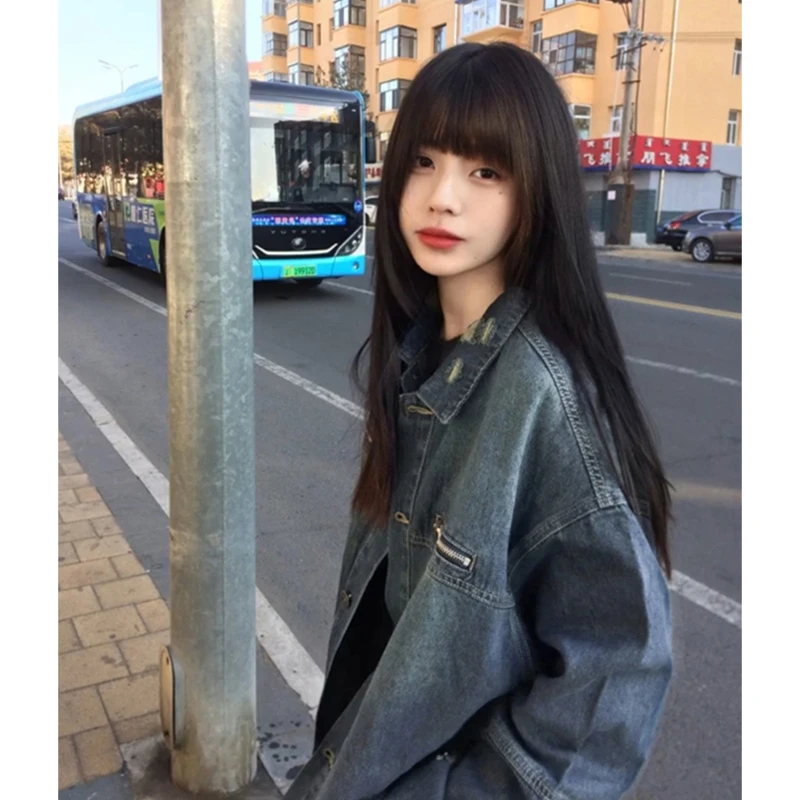独特好看做旧牛仔外套女春秋2025日系复古宽松休闲夹克牛仔衣上衣