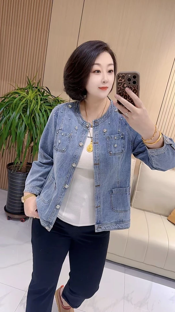 【聪姐推荐】68001欧货重工圆领时尚牛仔外套（衣长62，胸围120）