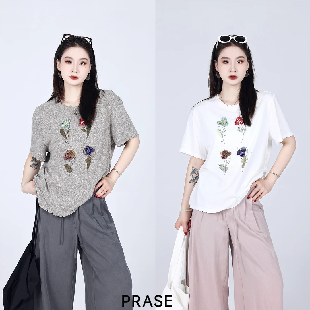 PRASE·噜【花花T】微胖轻奢设计款夏女时尚百搭针织钩花T恤PR505B79