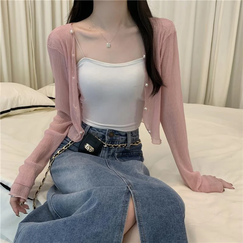 2025夏季时尚短款纯欲风薄款防晒开衫女纯色百搭小众长袖披肩上衣