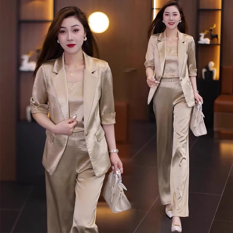 冰丝西装套装女春秋薄款2025新款时尚洋气质显瘦西装阔腿裤三件套