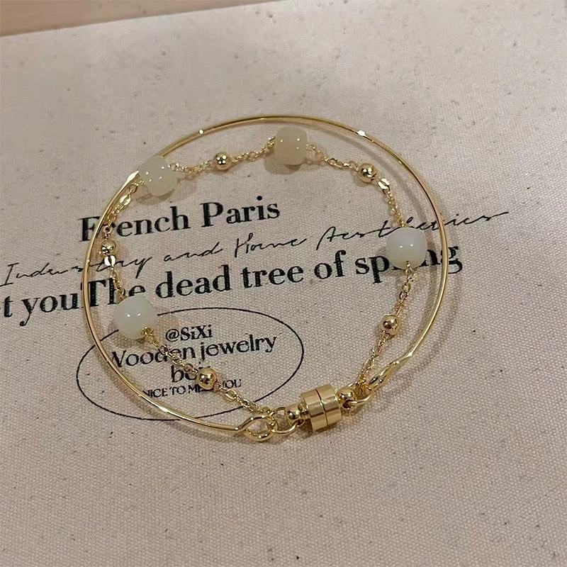 铜合金玻璃手镯 双层叠戴串珠磁吸扣手镯女新中式高级感手链7277