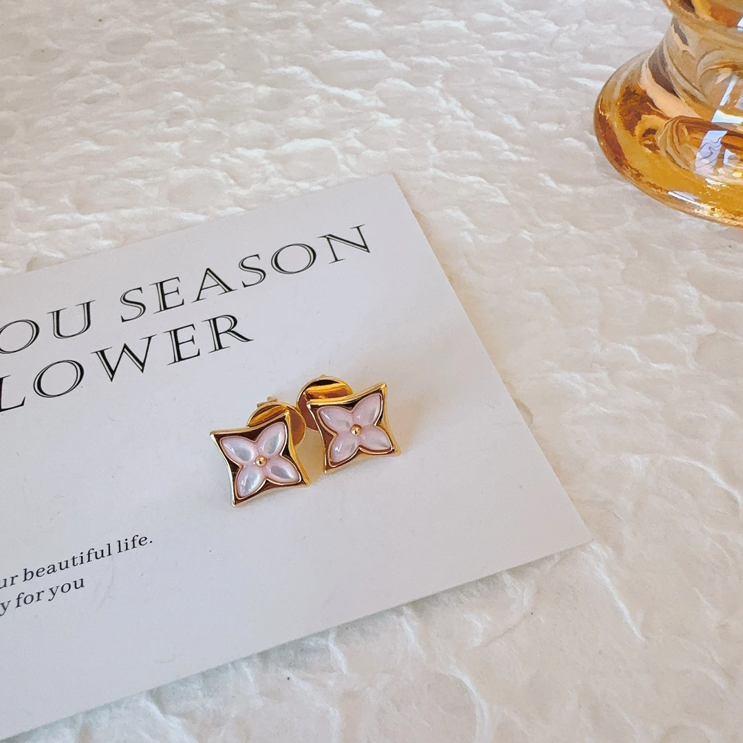 铜合金合成锆石耳饰 2039 粉色尖花耳钉