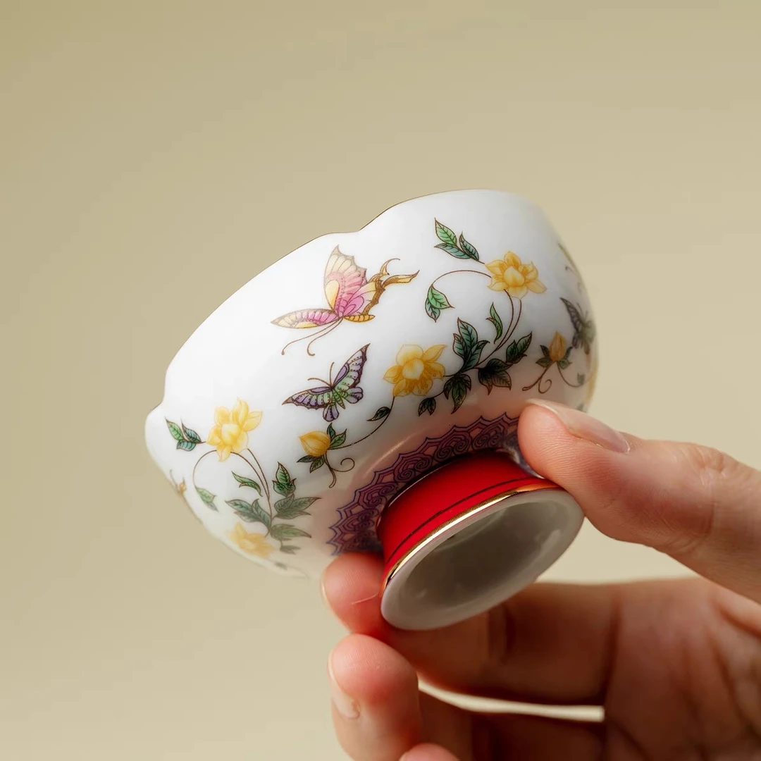 繁花蝶舞-酒红色棱口高足主人杯茶杯酒杯