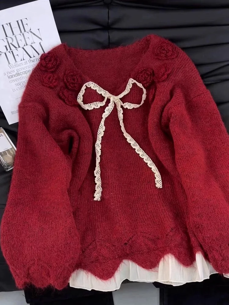 新年温柔风红色花朵针织毛衣女春2025年新款超好看的百搭减龄上衣