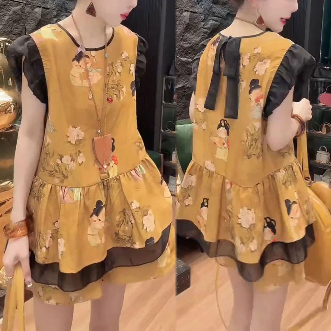 时尚复古印花减龄套装女2025夏季新款洋气百搭短袖上衣短裤两件套