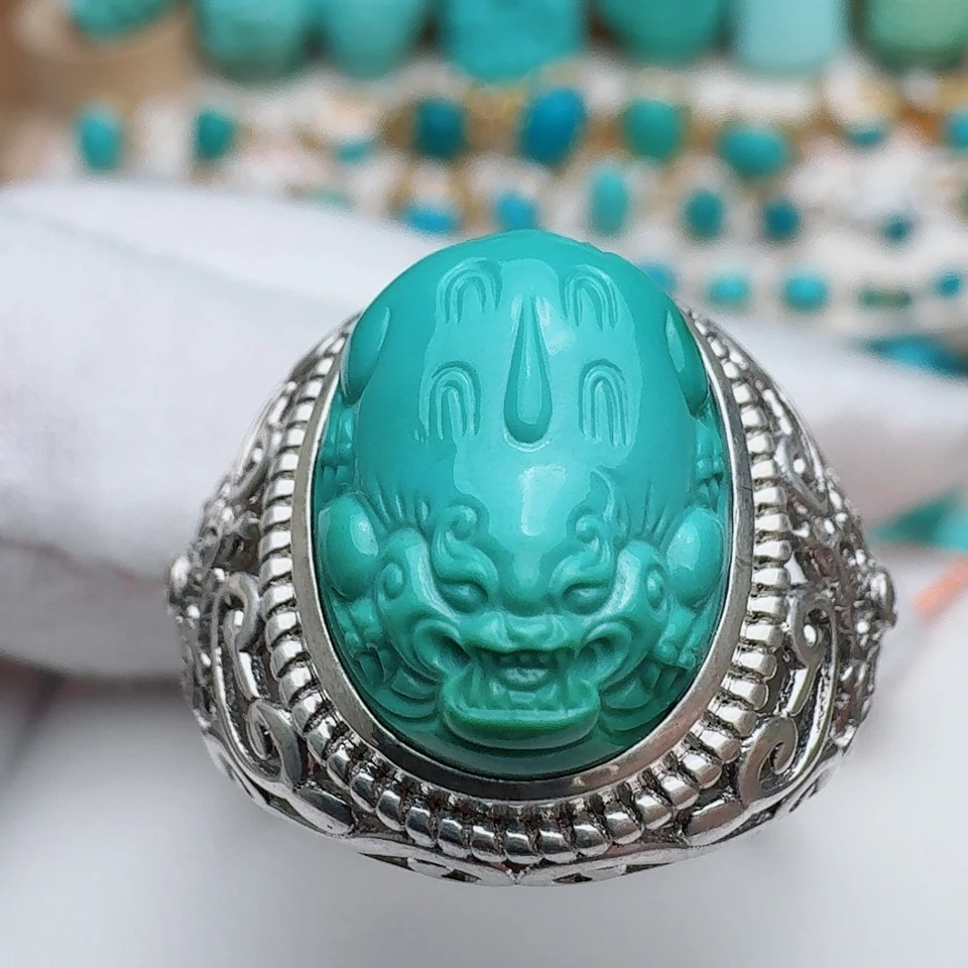 银S925镶嵌绿松石珠宝奇石炫彩貔貅戒指