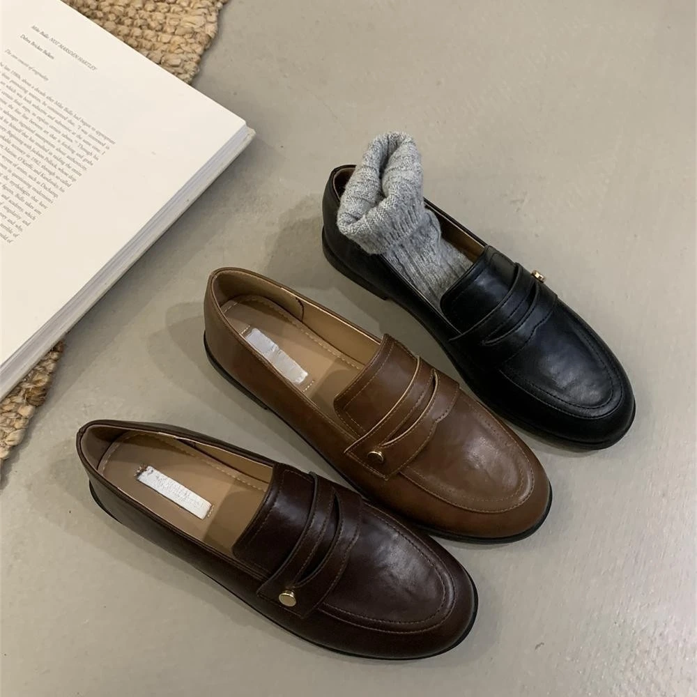 复古舒适圆头豆豆鞋2025新款法式平底休闲英伦风一脚蹬乐福单鞋女