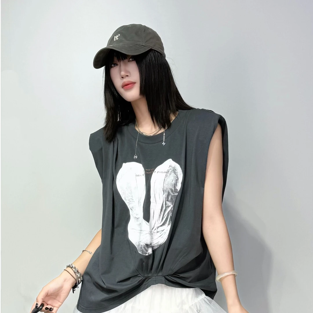 50262#欧洲站2025夏季新款时尚圆领水墨印图宽松无袖T恤背心上衣