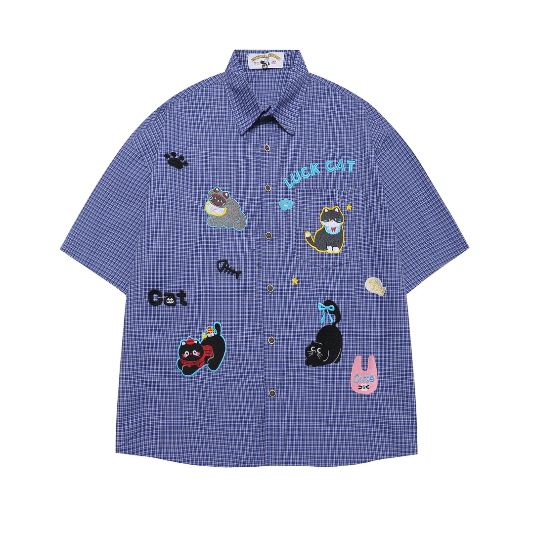 凛可爱 日系复古卡通小猫刺绣蓝格子衬衫短袖宽松百搭夏季衬衣