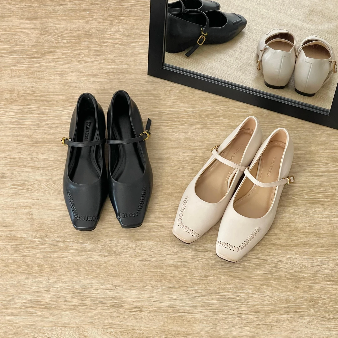 HUSSLOVE 头层牛皮·跟高3.5CM·法式复古优雅方头浅口内增高单鞋女