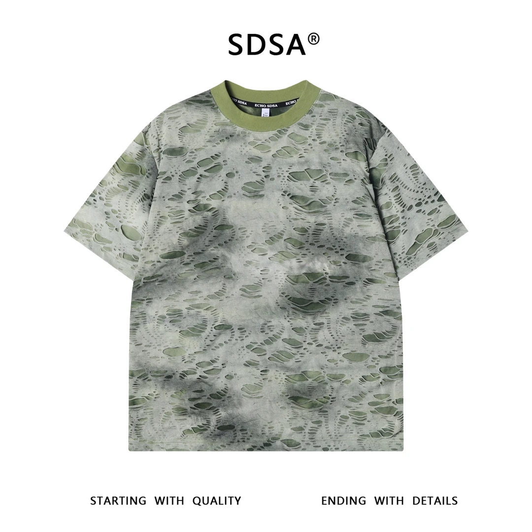 夏季高级感新款美式撞色破洞圆领短袖T恤嘻哈高街百搭时尚上衣