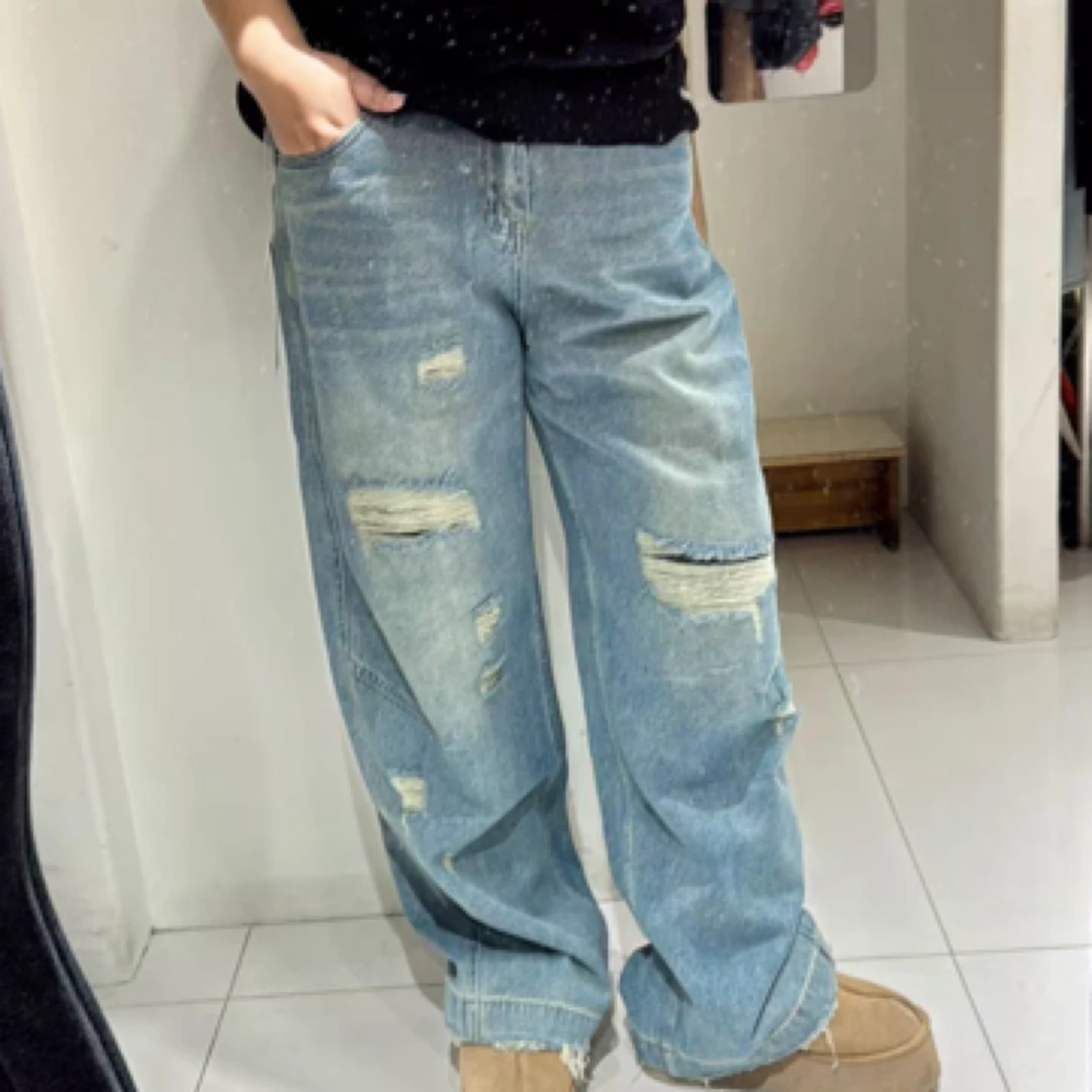 DJZ10075大码显腿长牛仔破洞阔腿裤