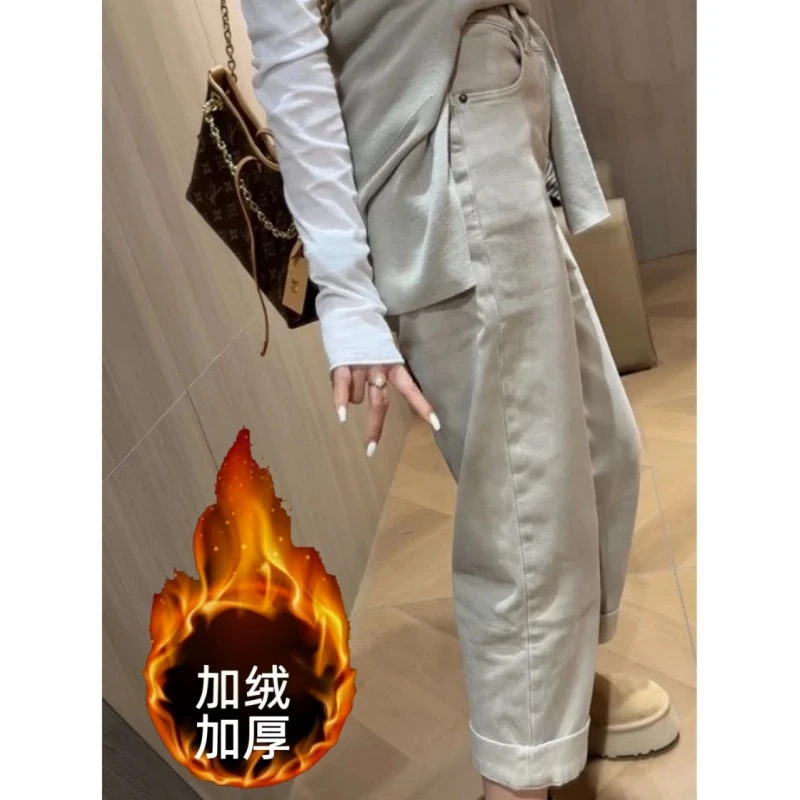 老钱风直筒牛仔裤女2025秋冬新款加绒加厚九分时尚法棍裤子