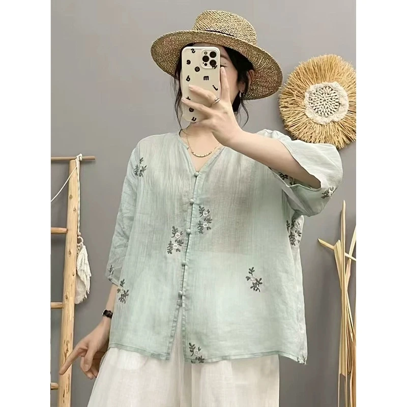 夏新款复古苎麻内里包边花朵刺绣剪刀领衬衫女SM 2536