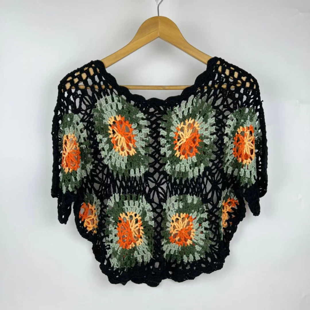 蝙蝠衫宽松大码套头手工钩花镂空针织罩衫短袖外搭空调衫