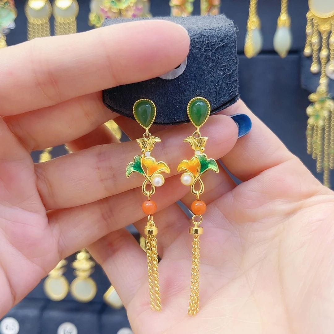 和田玉银S925镀金镶嵌耳饰