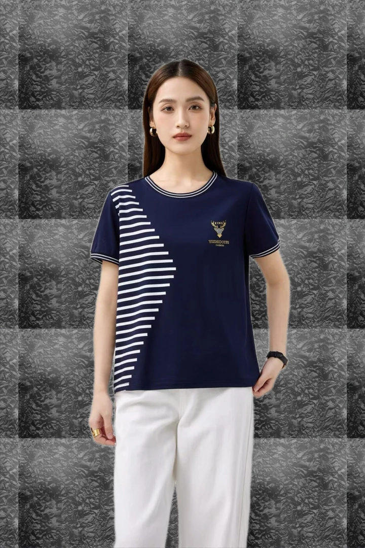 夏季蓝白撞色横条设计时尚百搭显瘦减龄宽松休闲透气半袖女款条纹