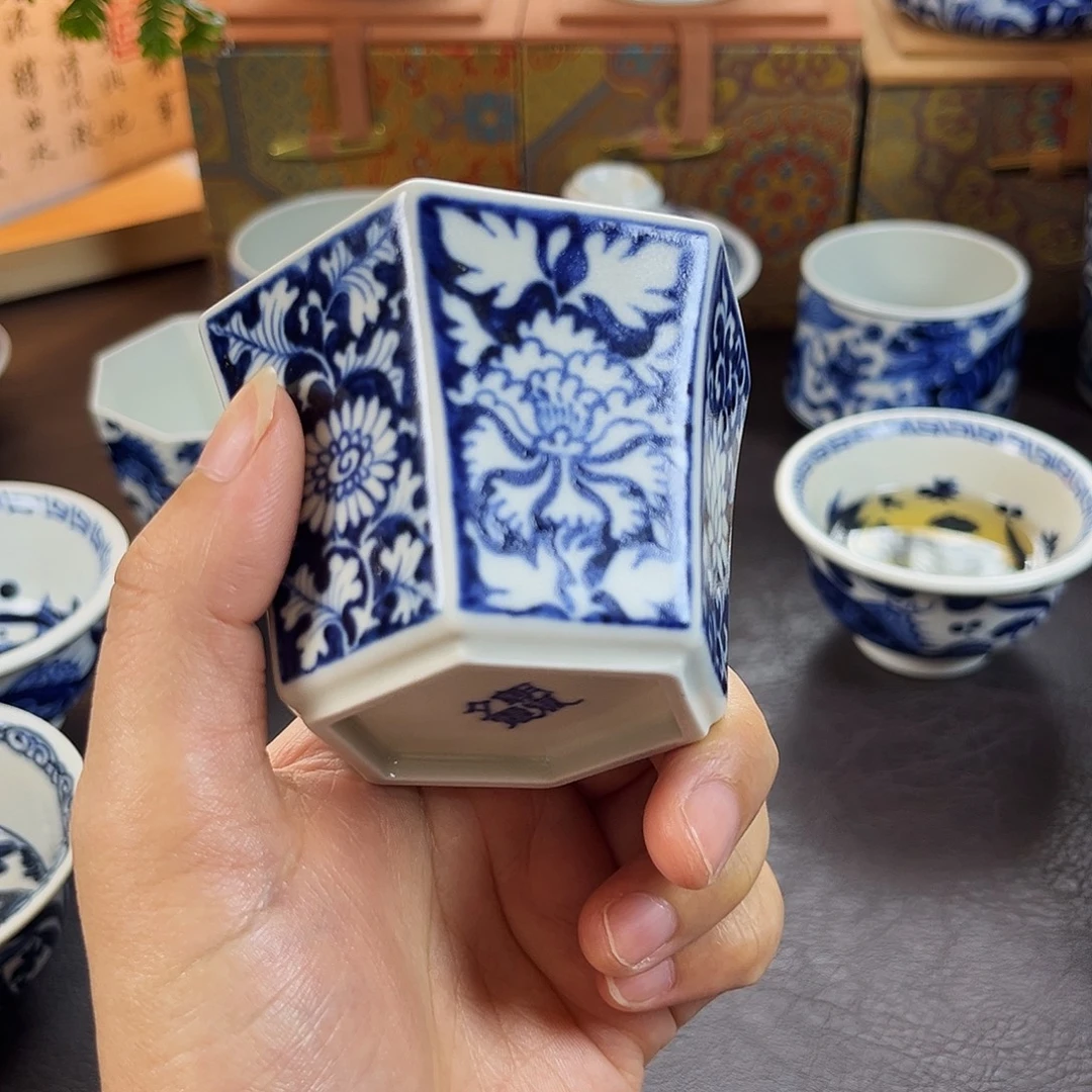 车***龙朝岚夕霞窑全手绘青花主人杯原矿釉烧制