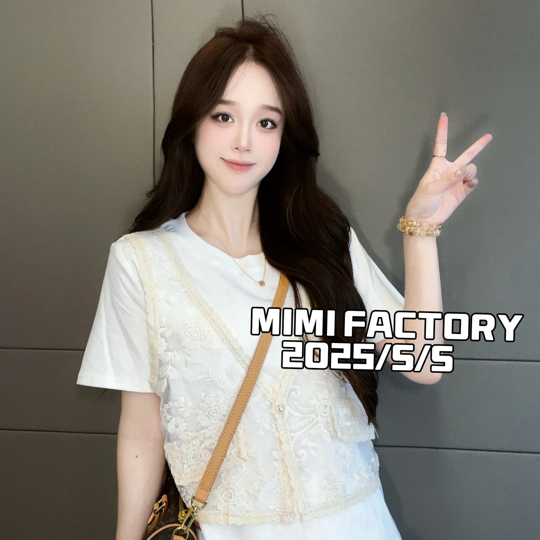 2025新款短袖 蕾丝刺绣拼接假两件时尚T恤女显瘦上衣3342#