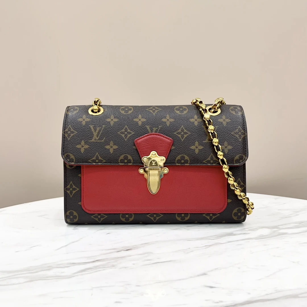 99新 LouisVuitton/路易威登 2号维多利亚老花拼红链条包,98新