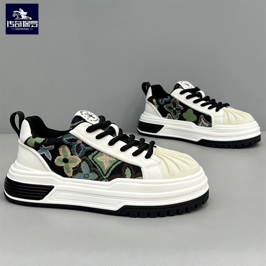 传奇保罗男鞋2025新款时尚百搭厚底贝壳头板鞋布面刺绣系带休闲鞋