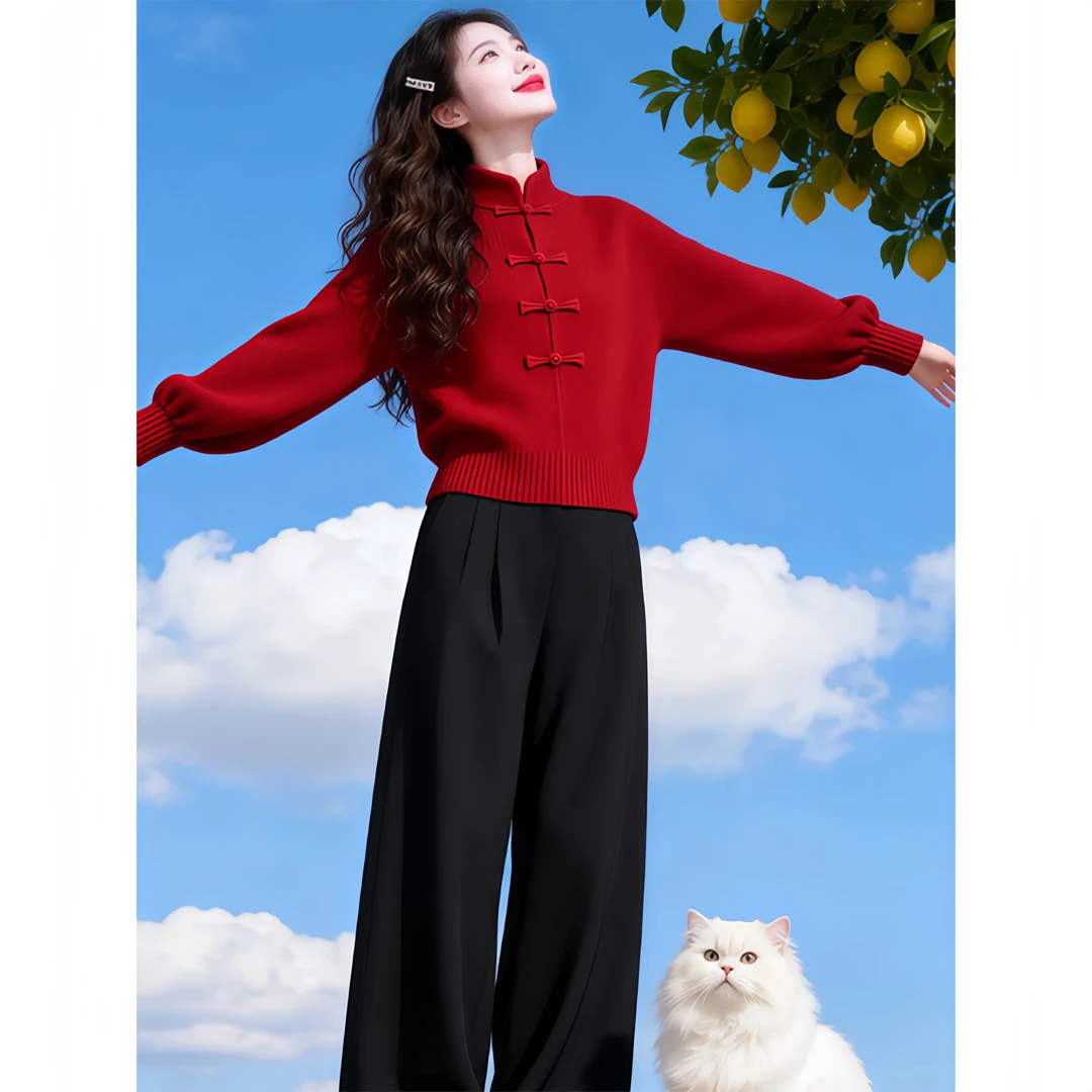 新中式立领盘扣粗线上衣2026冬季独特超好看短款灯笼袖针织衫