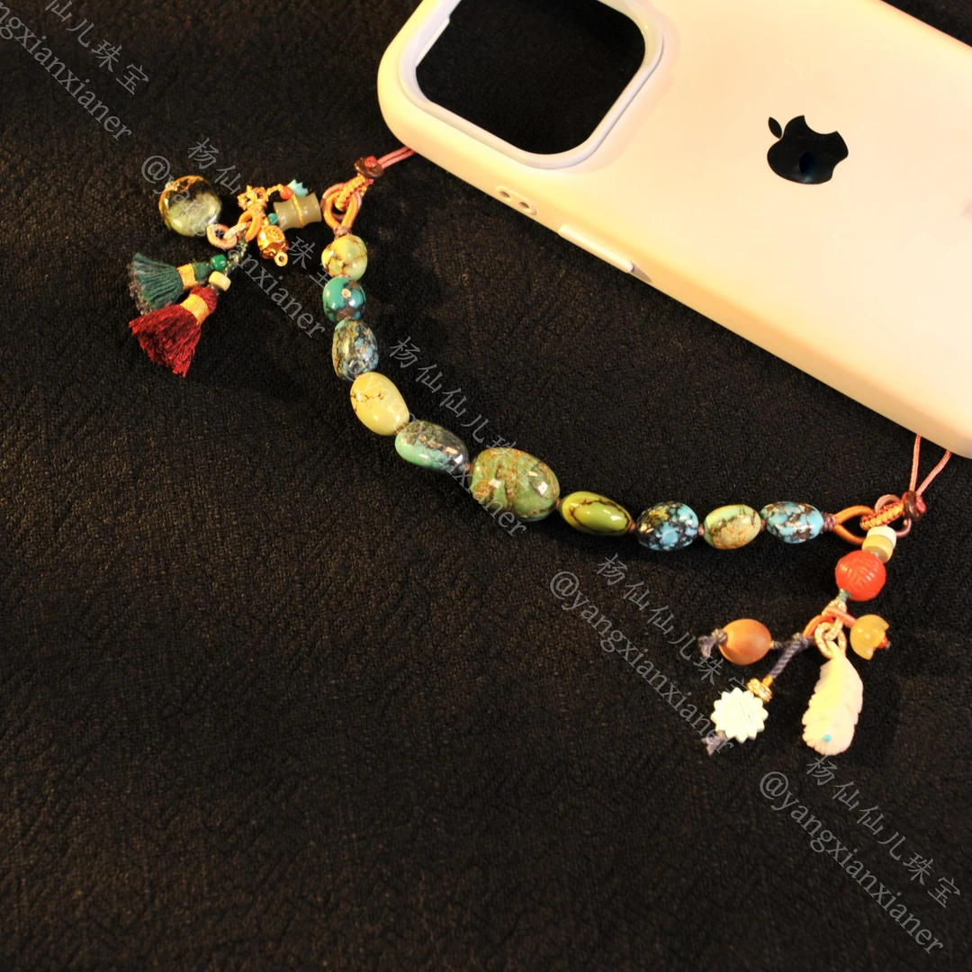 【杨仙仙珠宝】银镶嵌绿松石多宝手机链-A1655