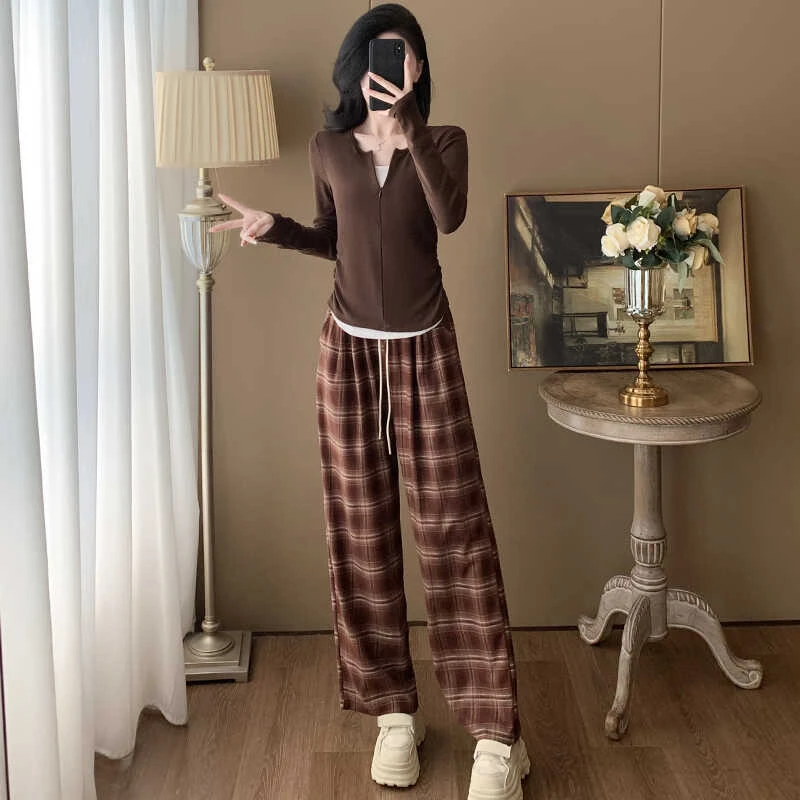 高级感早秋2025新款时尚运动套装女气质上衣格子阔腿裤两件套减龄