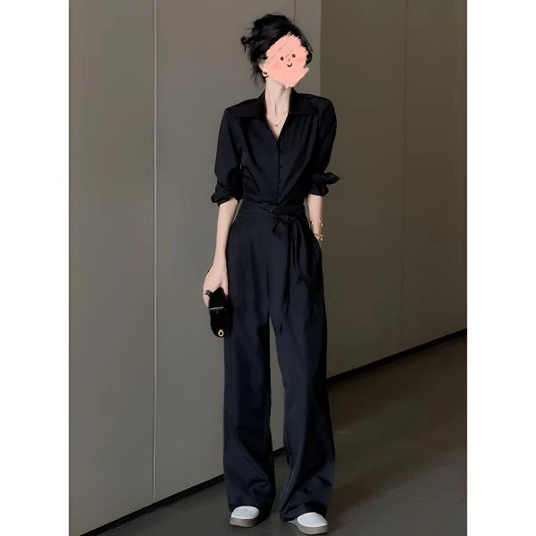 2025早秋新款法式小众设计套装黑色时尚高腰束腰裤子上下装套装女