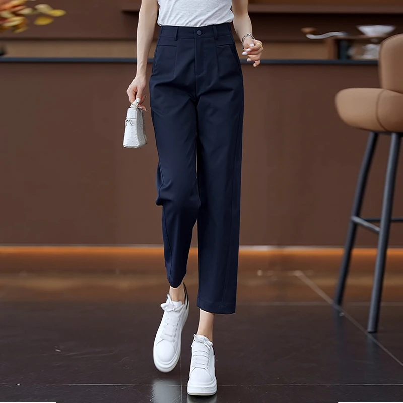 藏青色西装裤女2025夏季新款高腰休闲裤子宽松显瘦九分香蕉哈伦裤