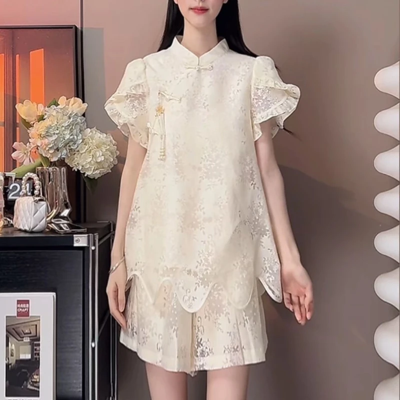 气质减龄国风两件套2025夏季新中式提花镂空甜美套装上衣+短裤