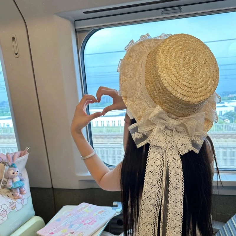 草帽lolita森系田园lo娘甜妹蕾丝蝴蝶结飘带遮阳草编日系帽子