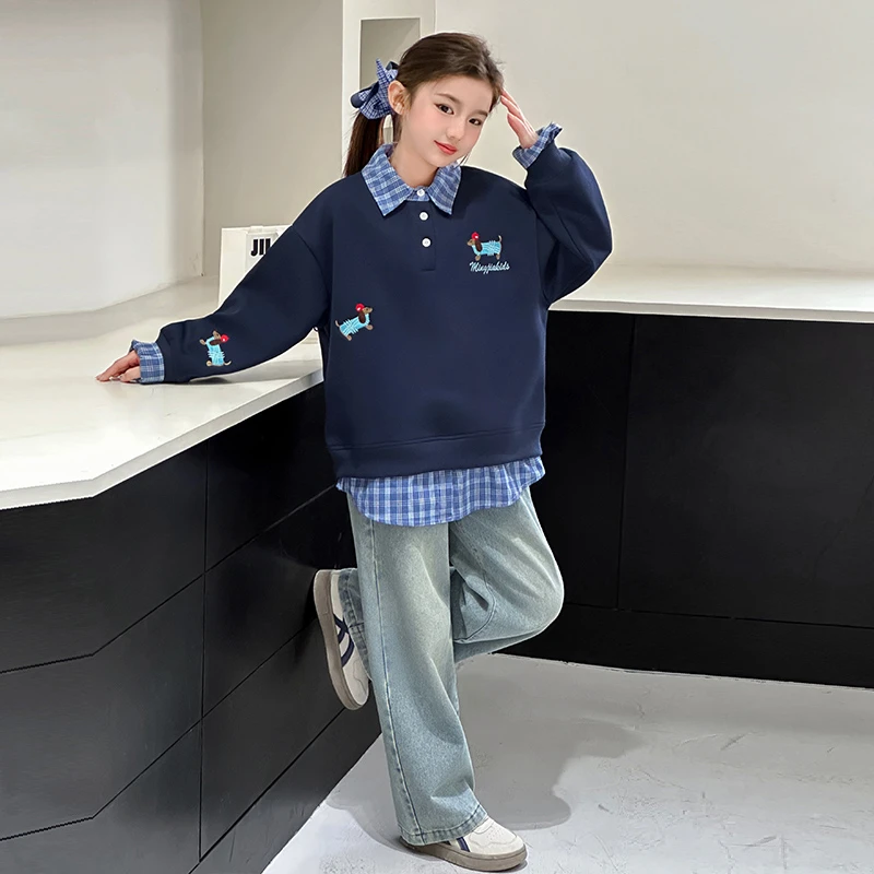 女童春秋款套装2025新款潮流拼接中大童洋气时髦卫衣牛仔裤两件套