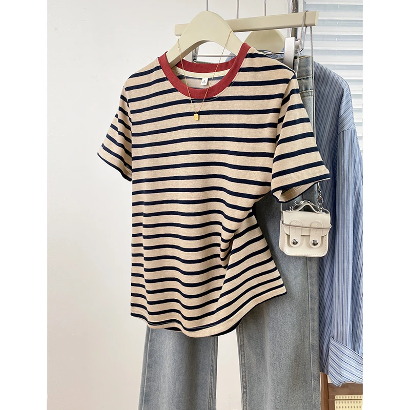 夏季新款慵懒风条纹短袖T恤衫直筒宽松显瘦上衣服小众百搭女装潮