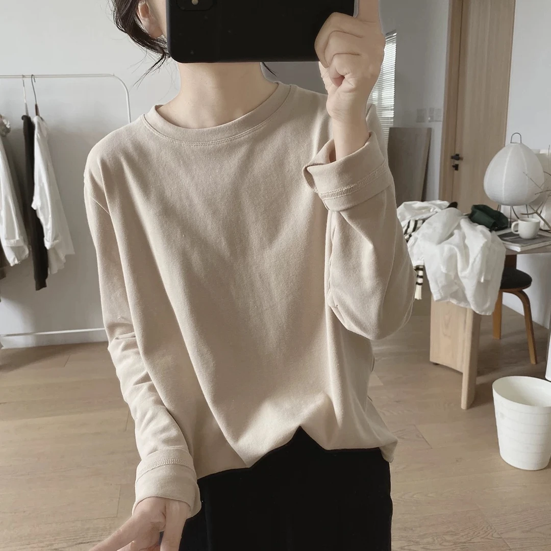 纯棉简约长袖T恤女士春秋季新款圆领宽松显瘦韩版套头打底衫上衣
