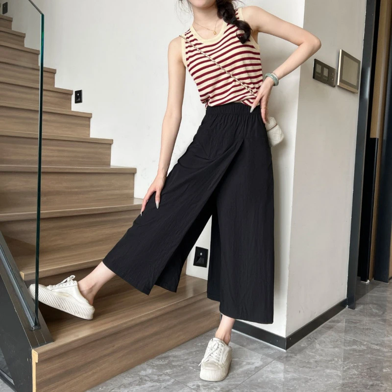 高腰显瘦半身裤裙女2025夏新款宽松阔腿裤子褶皱肌理感工装裙裤