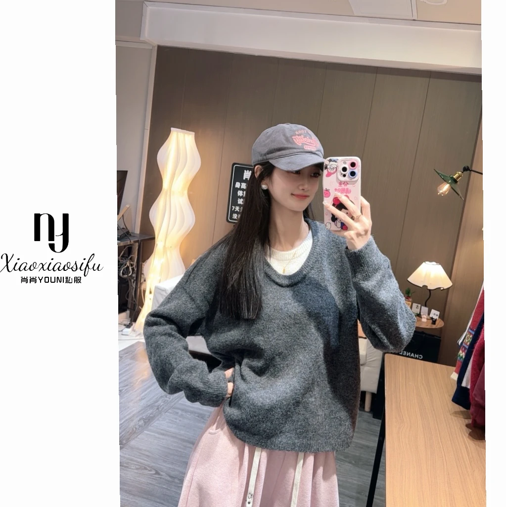 肖肖家-松弛女主 秋冬假两件长款毛衣灰色私服