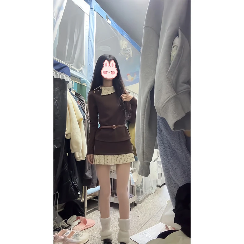 学院风气质时尚套装假两件翻领针织上衣女冬收腰百搭波点百褶裙