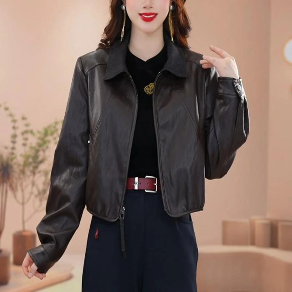 时尚简约短款皮外套女2025春秋新款洋气减龄显瘦百搭休闲夹克上衣