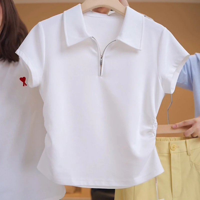 简约百搭短袖t恤女2025夏季新款时尚女装Polo领掐腰显瘦白色上衣