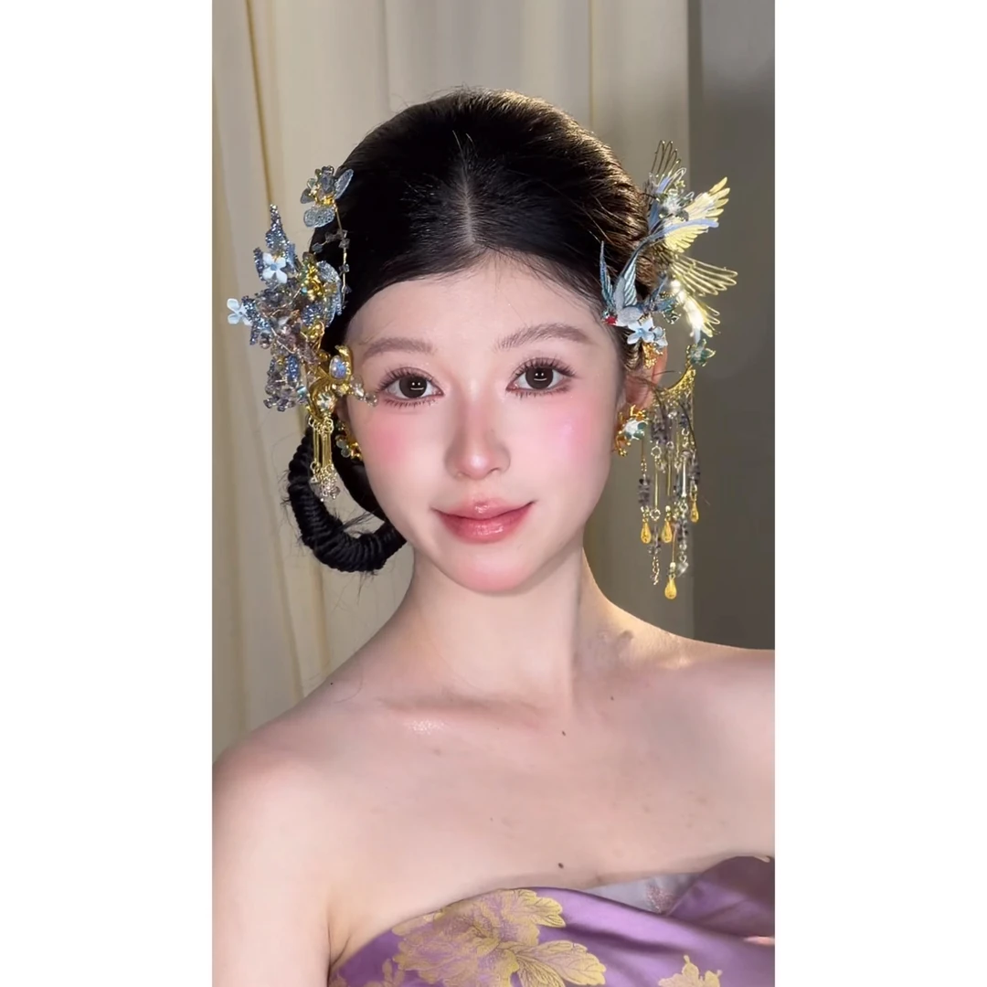 琉璃婚庆饰品 920152中式刺绣飞鸟琉璃花朵步摇秀禾发饰