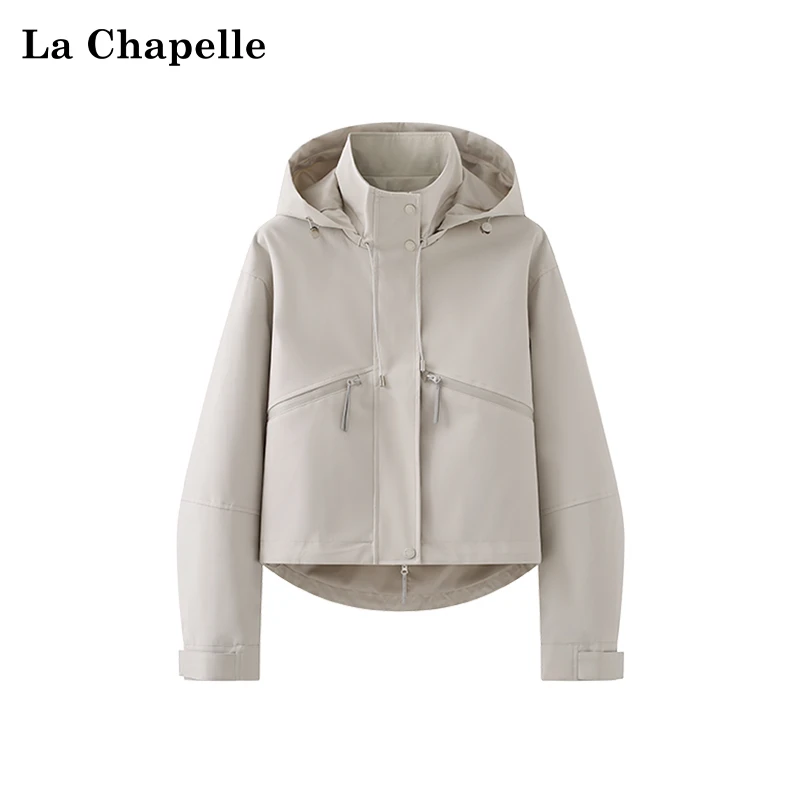 拉夏贝尔连帽显瘦抽绳米杏色工装外套女宽松户外短款夹克夹克春季