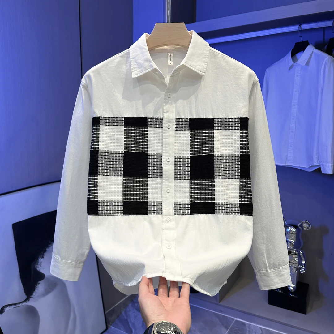 轻奢复古拼接长袖衬衫时尚慵懒美式百搭文艺休闲痞帅衬衣男装外套